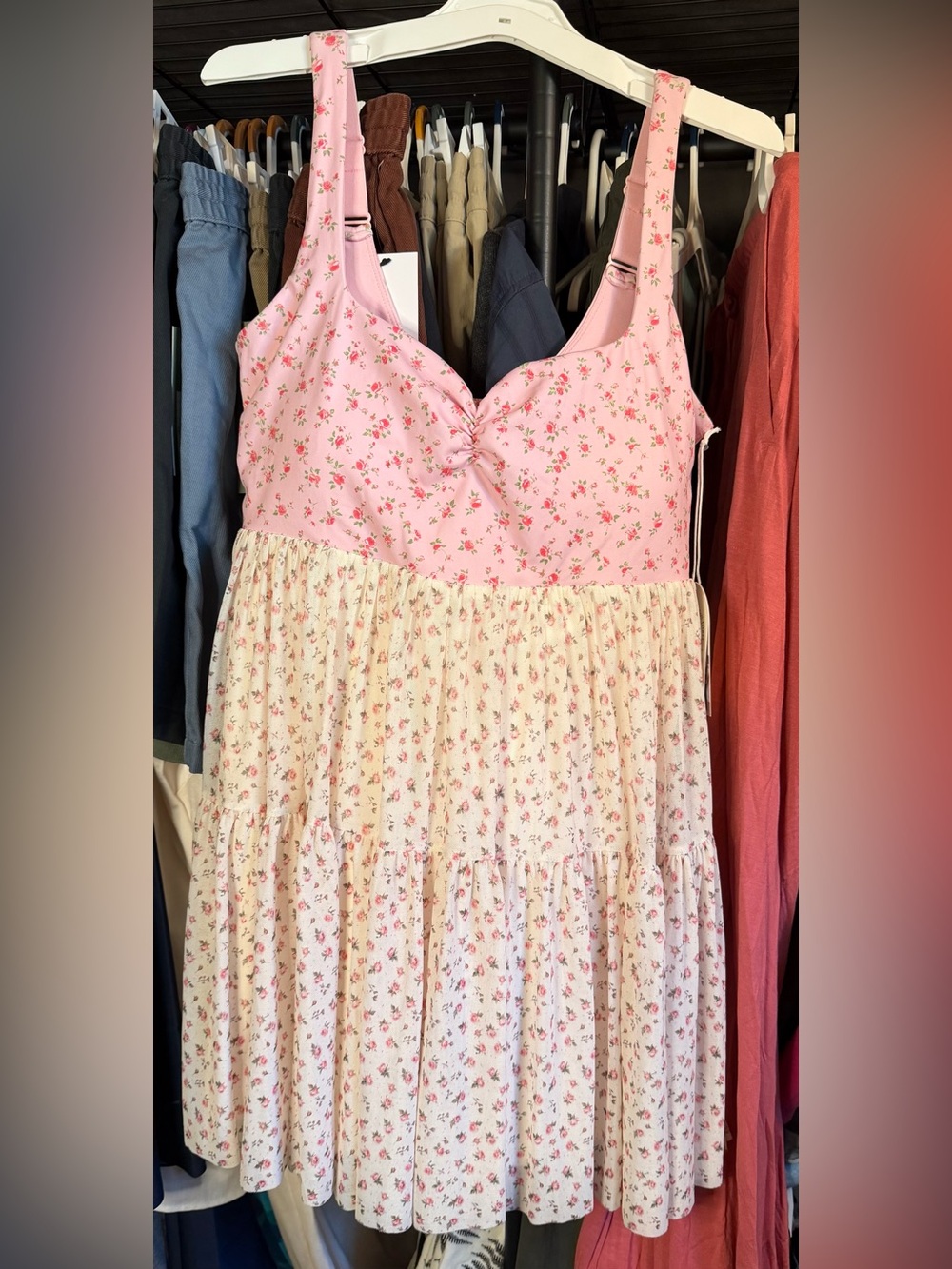Blogilates Floral Pink & Cream Tiered Sweetheart Babydoll Dress Size Large NWT